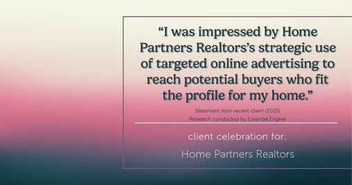 Testimonial for real estate agent Home Partners Realtors with Home Partners Realtors in Dallas, TX: "I was impressed by Home Partners Realtors's strategic use of targeted online advertising to reach potential buyers who fit the profile for my home."
