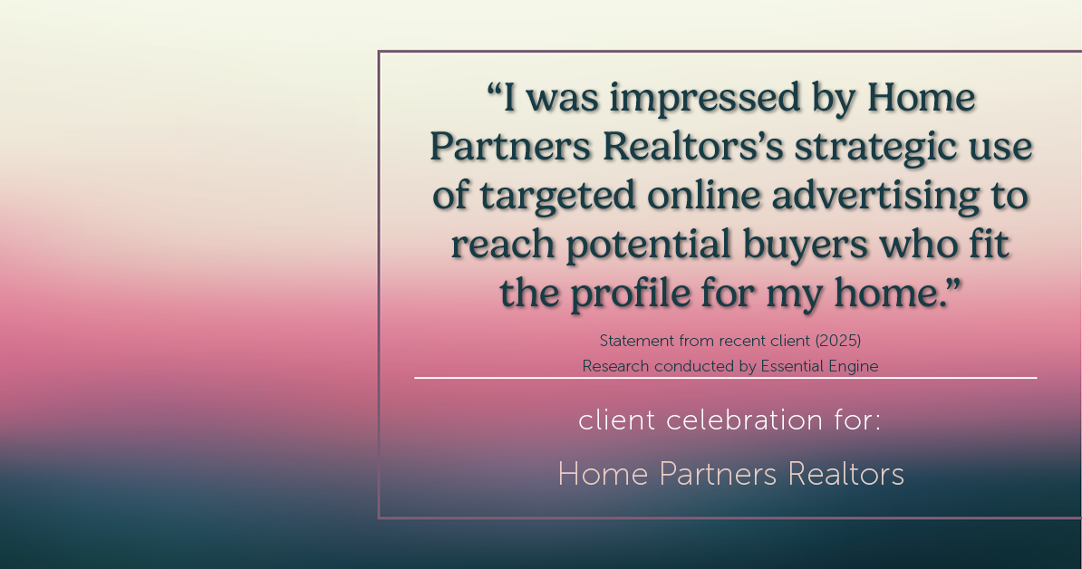 Testimonial for real estate agent Home Partners Realtors with Home Partners Realtors in Dallas, TX: "I was impressed by Home Partners Realtors's strategic use of targeted online advertising to reach potential buyers who fit the profile for my home."