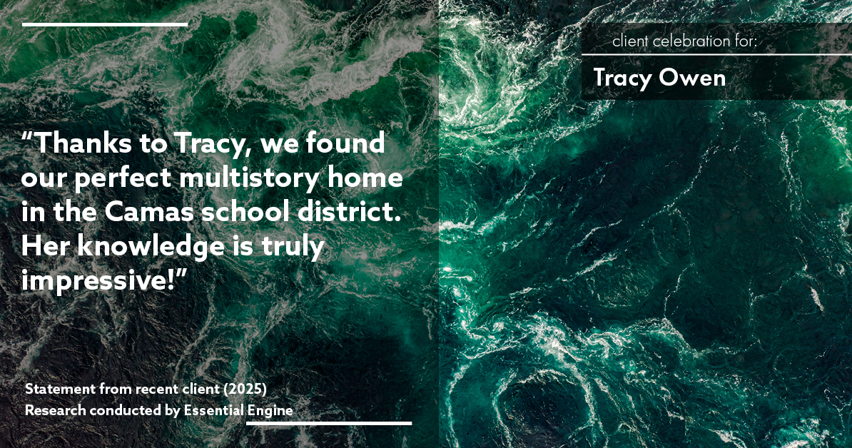 Testimonial for real estate agent Tracy Owen with Premiere Property Group, LLC in Vancouver, Washington: "Thanks to Tracy, we found our perfect multistory home in the Camas school district. Her knowledge is truly impressive!"
