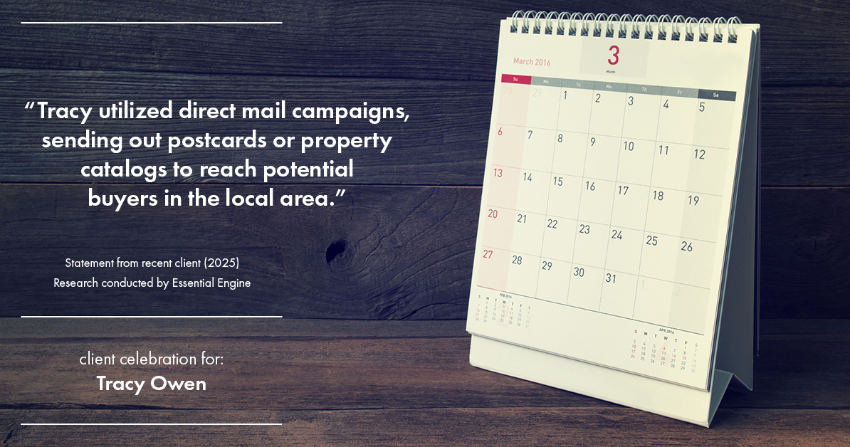 Testimonial for real estate agent Tracy Owen with Premiere Property Group, LLC in Vancouver, Washington: "Tracy utilized direct mail campaigns, sending out postcards or property catalogs to reach potential buyers in the local area."