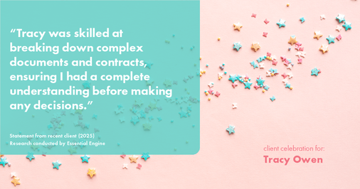 Testimonial for real estate agent Tracy Owen with Premiere Property Group, LLC in Vancouver, Washington: "Tracy was skilled at breaking down complex documents and contracts, ensuring I had a complete understanding before making any decisions."