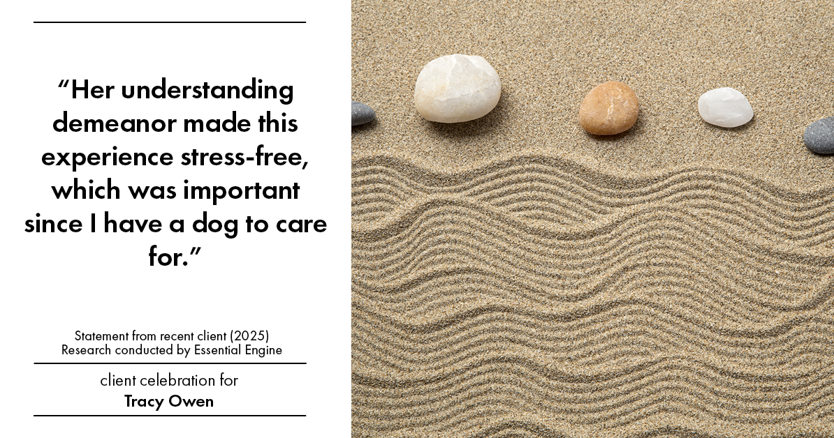 Testimonial for real estate agent Tracy Owen with Premiere Property Group, LLC in Vancouver, Washington: "Her understanding demeanor made this experience stress-free, which was important since I have a dog to care for."