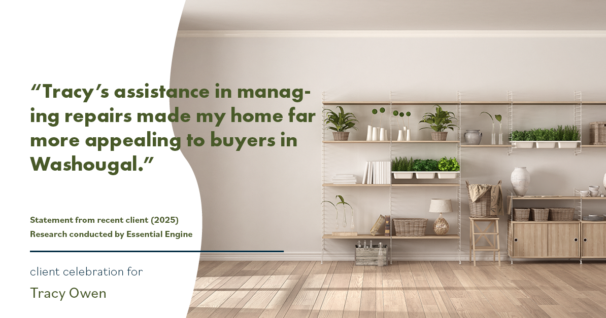 Testimonial for real estate agent Tracy Owen with Premiere Property Group, LLC in Vancouver, Washington: "Tracy's assistance in managing repairs made my home far more appealing to buyers in Washougal."