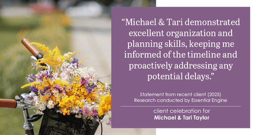 Testimonial for real estate agent Michael & Tari Taylor with PREMIER HOMES REALTY in St. Augustine, FL: "Michael & Tari demonstrated excellent organization and planning skills, keeping me informed of the timeline and proactively addressing any potential delays."