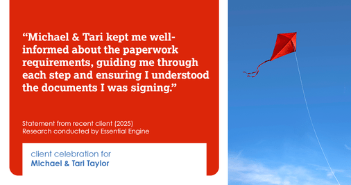 Testimonial for real estate agent Michael & Tari Taylor with PREMIER HOMES REALTY in St. Augustine, FL: "Michael & Tari kept me well-informed about the paperwork requirements, guiding me through each step and ensuring I understood the documents I was signing."