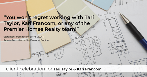 Testimonial for real estate agent Tari Taylor Kari Francom with PREMIER HOMES REALTY in St. Augustine, FL: "You won't regret working with Tari Taylor, Kari Francom, or any of the Premier Homes Realty team!"