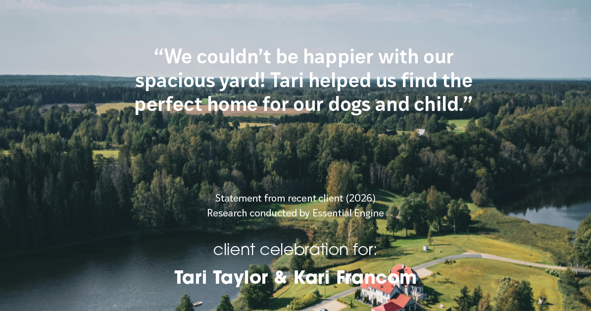 Testimonial for real estate agent Tari Taylor Kari Francom with PREMIER HOMES REALTY in St. Augustine, FL: "We couldn't be happier with our spacious yard! Tari helped us find the perfect home for our dogs and child."