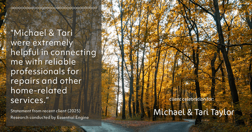 Testimonial for real estate agent Michael & Tari Taylor with PREMIER HOMES REALTY in St. Augustine, FL: "Michael & Tari were extremely helpful in connecting me with reliable professionals for repairs and other home-related services."