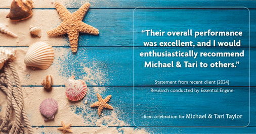 Testimonial for real estate agent Michael & Tari Taylor with PREMIER HOMES REALTY in St. Augustine, FL: "Their overall performance was excellent, and I would enthusiastically recommend Michael & Tari to others."