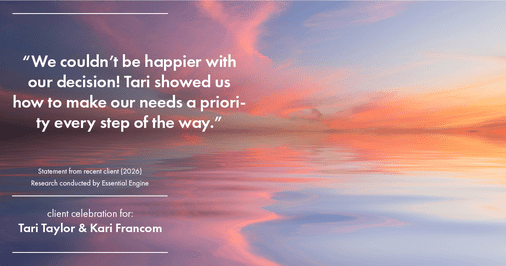 Testimonial for real estate agent Tari Taylor Kari Francom with PREMIER HOMES REALTY in St. Augustine, FL: "We couldn't be happier with our decision! Tari showed us how to make our needs a priority every step of the way."