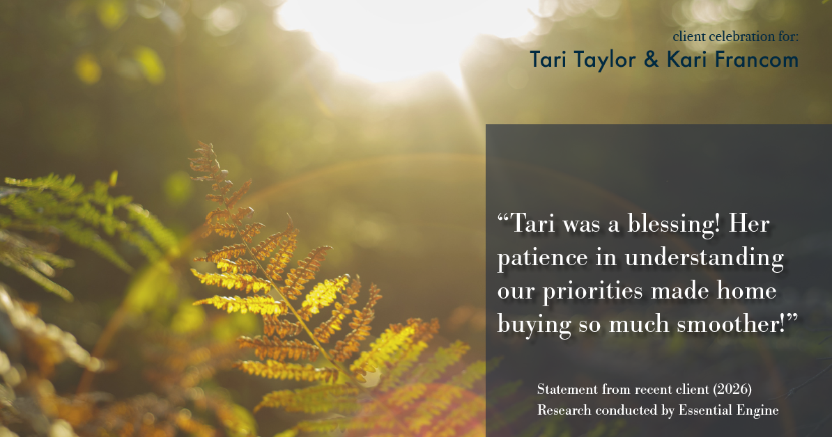 Testimonial for real estate agent Tari Taylor Kari Francom with PREMIER HOMES REALTY in St. Augustine, FL: "Tari was a blessing! Her patience in understanding our priorities made home buying so much smoother!"
