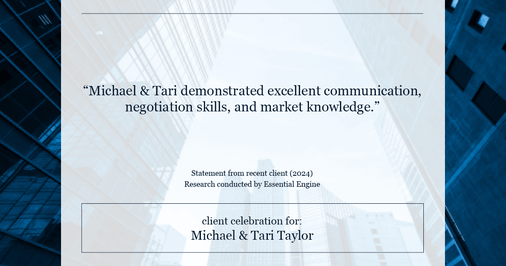 Testimonial for real estate agent Michael & Tari Taylor with PREMIER HOMES REALTY in St. Augustine, FL: "Michael & Tari demonstrated excellent communication, negotiation skills, and market knowledge."