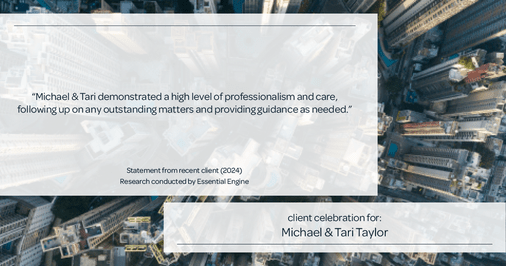 Testimonial for real estate agent Michael & Tari Taylor with PREMIER HOMES REALTY in St. Augustine, FL: "Michael & Tari demonstrated a high level of professionalism and care, following up on any outstanding matters and providing guidance as needed."