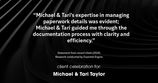 Testimonial for real estate agent Michael & Tari Taylor with PREMIER HOMES REALTY in St. Augustine, FL: "Michael & Tari's expertise in managing paperwork details was evident; Michael & Tari guided me through the documentation process with clarity and efficiency."