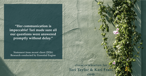 Testimonial for real estate agent Tari Taylor Kari Francom with PREMIER HOMES REALTY in St. Augustine, FL: "Her communication is impeccable! Tari made sure all our questions were answered promptly without delay."