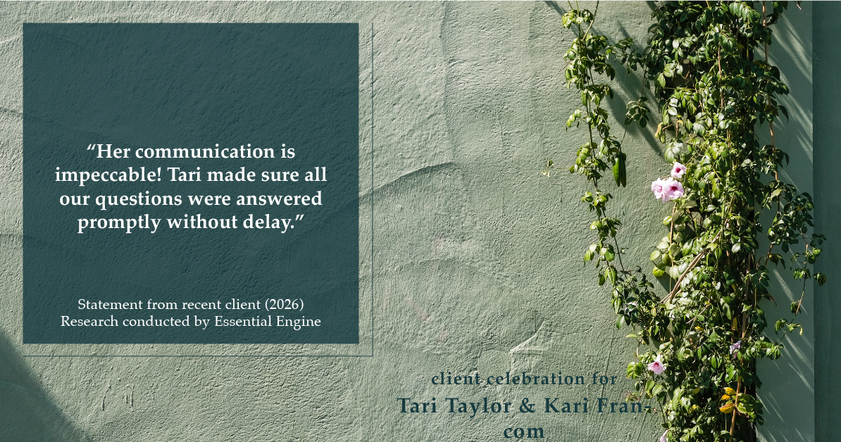 Testimonial for real estate agent Tari Taylor Kari Francom with PREMIER HOMES REALTY in St. Augustine, FL: "Her communication is impeccable! Tari made sure all our questions were answered promptly without delay."
