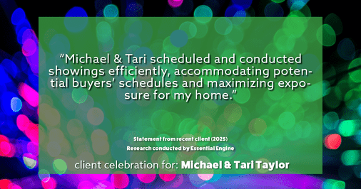 Testimonial for real estate agent Michael & Tari Taylor with PREMIER HOMES REALTY in St. Augustine, FL: "Michael & Tari scheduled and conducted showings efficiently, accommodating potential buyers' schedules and maximizing exposure for my home."