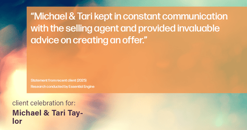 Testimonial for real estate agent Michael & Tari Taylor with PREMIER HOMES REALTY in St. Augustine, FL: "Michael & Tari kept in constant communication with the selling agent and provided invaluable advice on creating an offer."