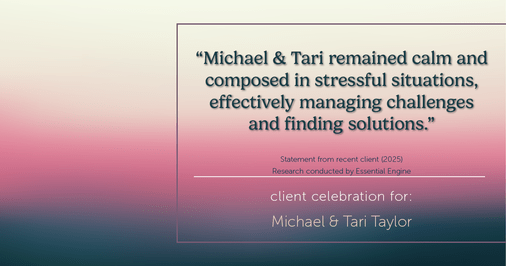Testimonial for real estate agent Michael & Tari Taylor with PREMIER HOMES REALTY in St. Augustine, FL: "Michael & Tari remained calm and composed in stressful situations, effectively managing challenges and finding solutions."