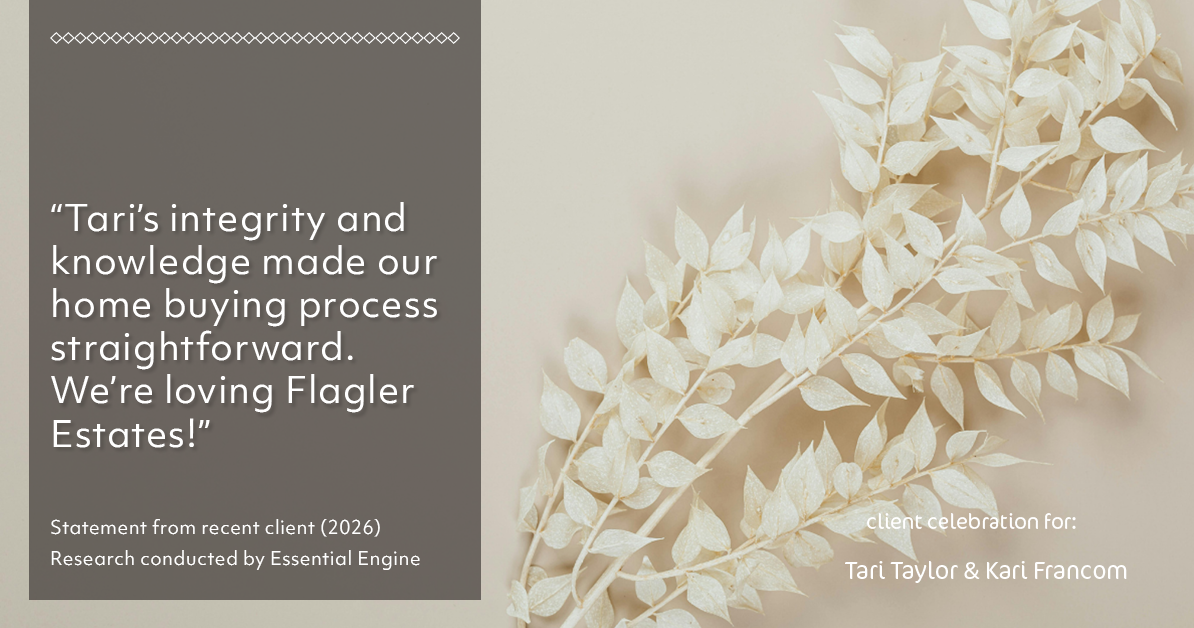 Testimonial for real estate agent Tari Taylor Kari Francom with PREMIER HOMES REALTY in St. Augustine, FL: "Tari's integrity and knowledge made our home buying process straightforward. We're loving Flagler Estates!"