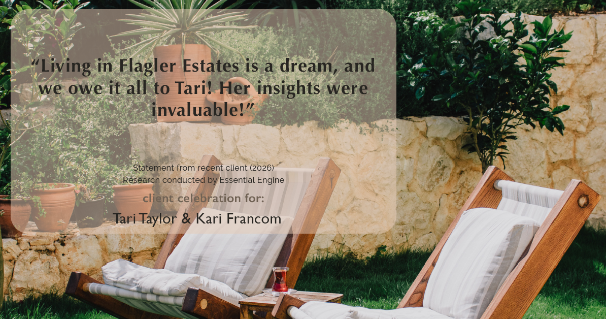 Testimonial for real estate agent Tari Taylor Kari Francom with PREMIER HOMES REALTY in St. Augustine, FL: "Living in Flagler Estates is a dream, and we owe it all to Tari! Her insights were invaluable!"