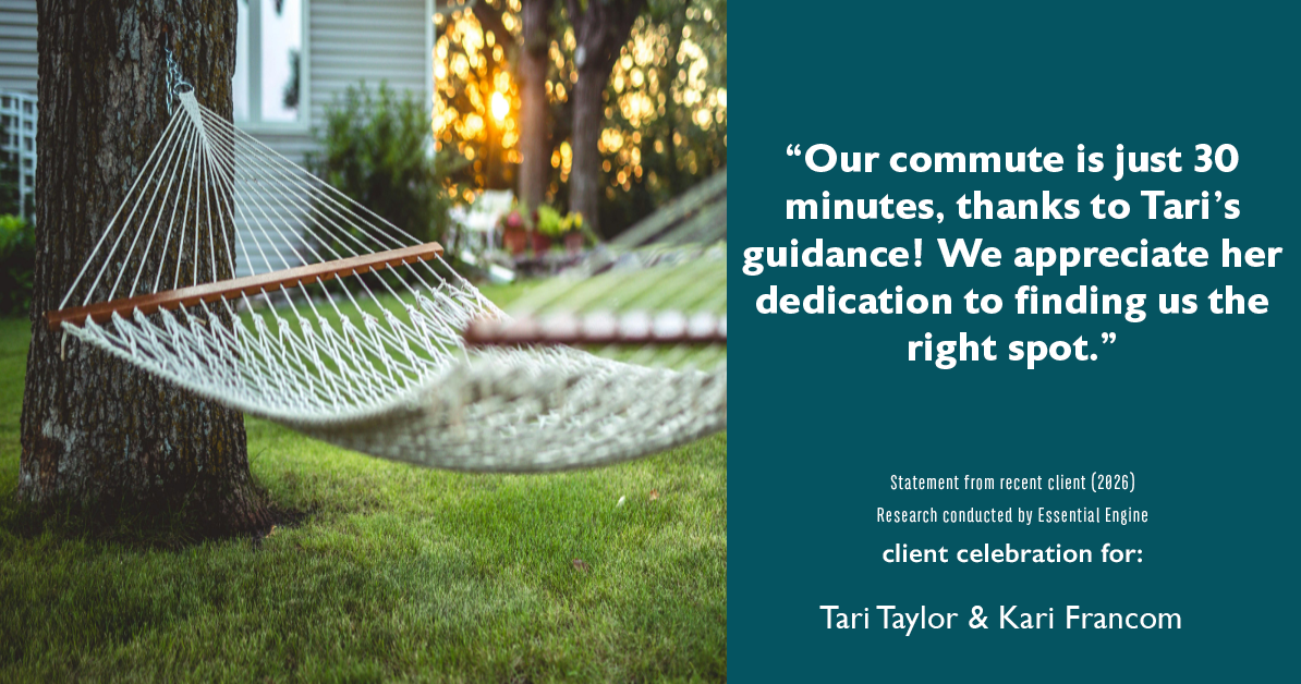 Testimonial for real estate agent Tari Taylor Kari Francom with PREMIER HOMES REALTY in St. Augustine, FL: "Our commute is just 30 minutes, thanks to Tari's guidance! We appreciate her dedication to finding us the right spot."