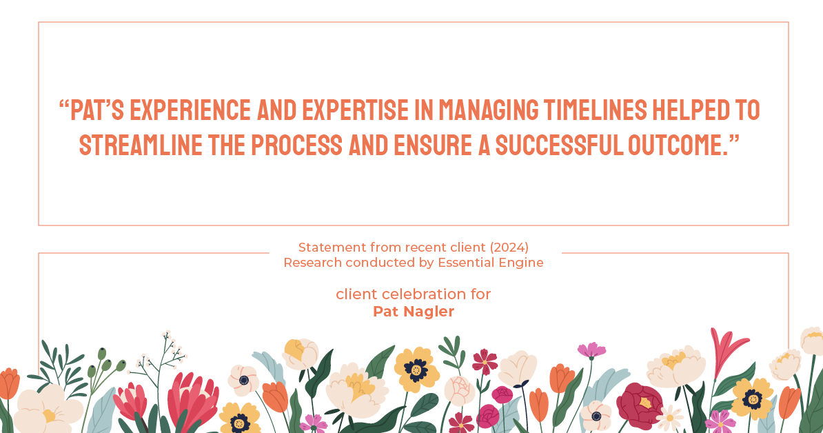 Testimonial for mortgage professional Pat Nagler with Edge Home Finance Corporation in Dallas, TX: "Pat's experience and expertise in managing timelines helped to streamline the process and ensure a successful outcome."