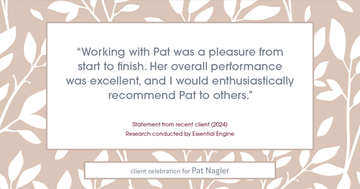 Testimonial for mortgage professional Pat Nagler with Edge Home Finance Corporation in Dallas, TX: "Working with Pat was a pleasure from start to finish. Her overall performance was excellent, and I would enthusiastically recommend Pat to others."