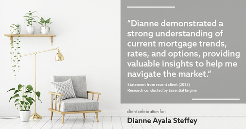 Testimonial for mortgage professional Dianne Ayala Steffey with New American Funding, LLC in San Antonio, Texas: "Dianne demonstrated a strong understanding of current mortgage trends, rates, and options, providing valuable insights to help me navigate the market."