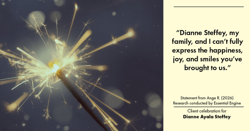 Testimonial for mortgage professional Dianne Ayala Steffey with Sterling Mortgage Services LLC powered by Aspire Mortgage Advisors, LLC in Plano, Texas: “Dianne Steffey, my family, and I can’t fully express the happiness, joy, and smiles you’ve brought to us.”