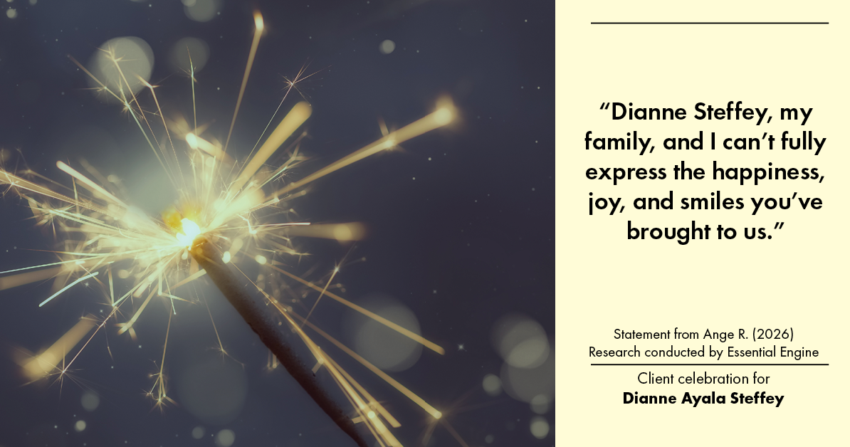Testimonial for mortgage professional Dianne Ayala Steffey with Sterling Mortgage Services LLC powered by Aspire Mortgage Advisors, LLC in Plano, Texas: “Dianne Steffey, my family, and I can’t fully express the happiness, joy, and smiles you’ve brought to us.”