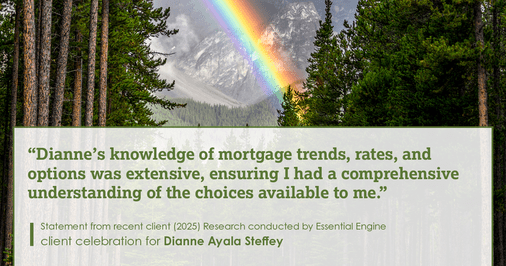 Testimonial for mortgage professional Dianne Ayala Steffey with New American Funding, LLC in San Antonio, Texas: "Dianne's knowledge of mortgage trends, rates, and options was extensive, ensuring I had a comprehensive understanding of the choices available to me."