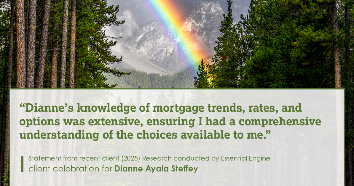 Testimonial for mortgage professional Dianne Ayala Steffey with New American Funding, LLC in San Antonio, Texas: "Dianne's knowledge of mortgage trends, rates, and options was extensive, ensuring I had a comprehensive understanding of the choices available to me."