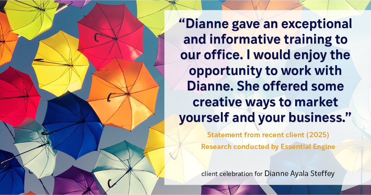 Testimonial for mortgage professional Dianne Ayala Steffey with New American Funding, LLC in San Antonio, Texas: "Dianne gave an exceptional and informative training to our office. I would enjoy the opportunity to work with Dianne. She offered some creative ways to market yourself and your business."