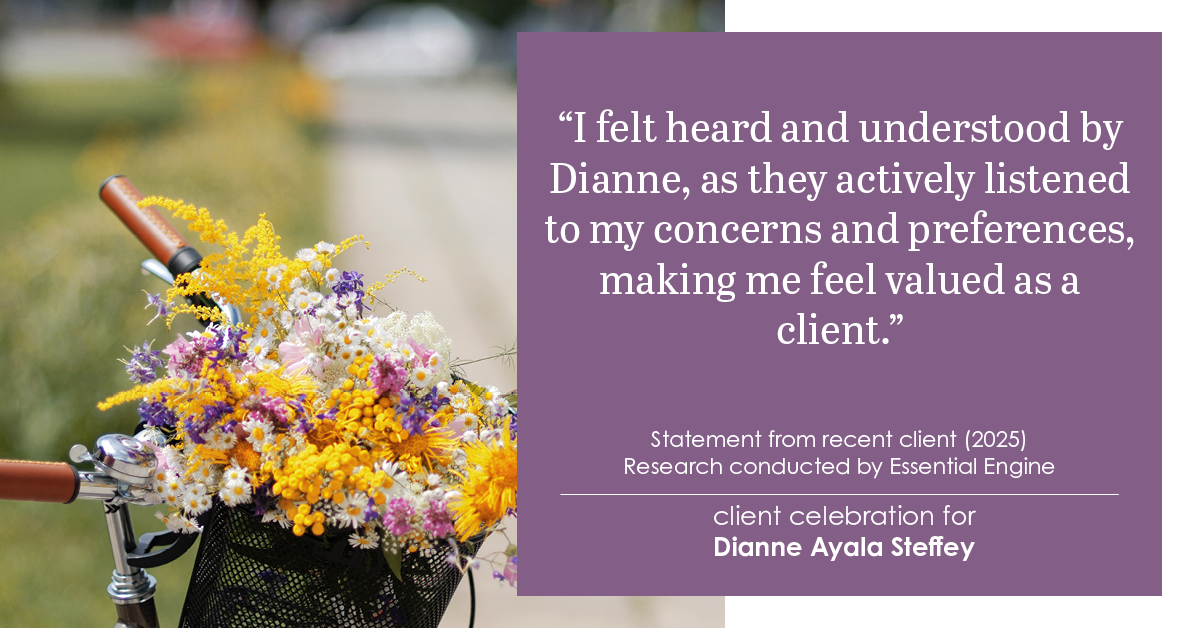 Testimonial for mortgage professional Dianne Ayala Steffey with New American Funding, LLC in San Antonio, Texas: "I felt heard and understood by Dianne, as they actively listened to my concerns and preferences, making me feel valued as a client."