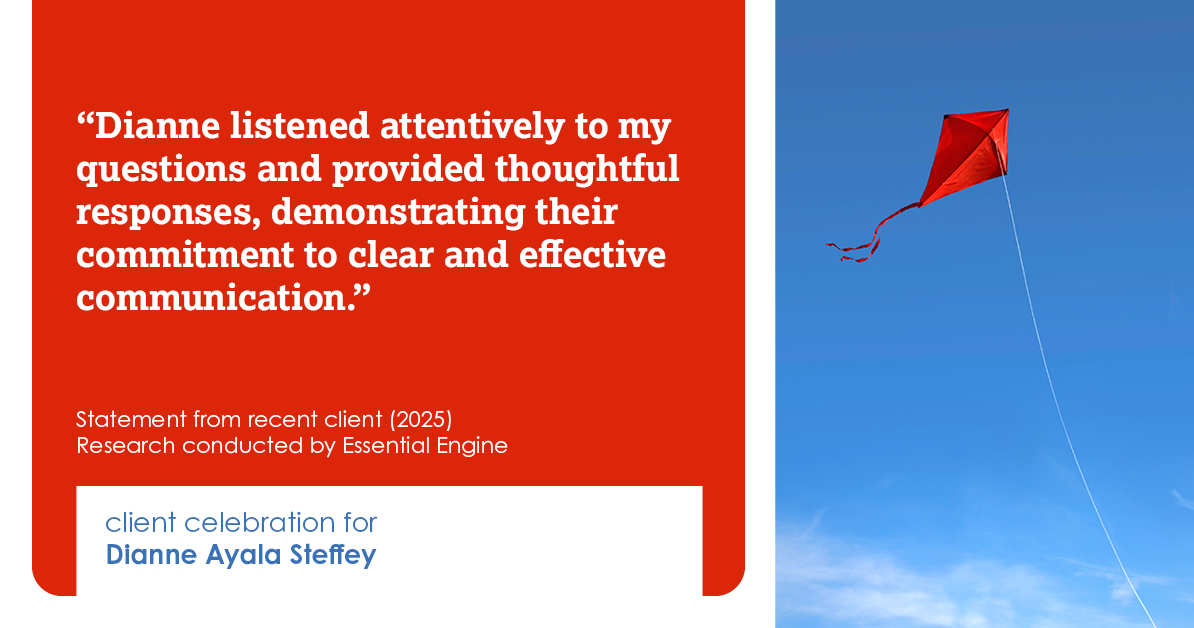 Testimonial for mortgage professional Dianne Ayala Steffey with New American Funding, LLC in San Antonio, Texas: "Dianne listened attentively to my questions and provided thoughtful responses, demonstrating their commitment to clear and effective communication."