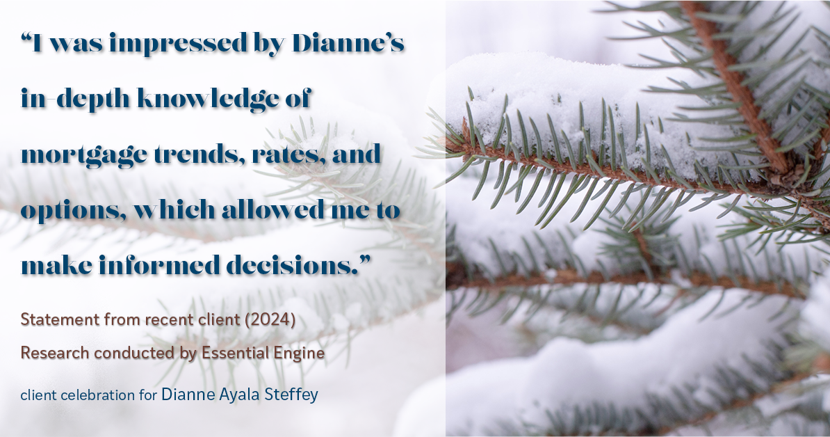 Testimonial for mortgage professional Dianne Ayala Steffey with New American Funding, LLC in San Antonio, Texas: "I was impressed by Dianne's in-depth knowledge of mortgage trends, rates, and options, which allowed me to make informed decisions."