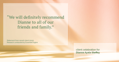 Testimonial for mortgage professional Dianne Ayala Steffey with New American Funding, LLC in San Antonio, Texas: “We will definitely recommend Dianne to all of our friends and family.”