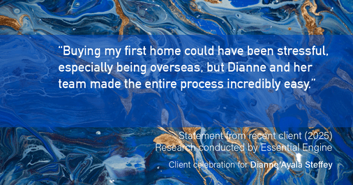 Testimonial for mortgage professional Dianne Ayala Steffey with New American Funding, LLC in San Antonio, Texas: “Buying my first home could have been stressful, especially being overseas, but Dianne and her team made the entire process incredibly easy.”