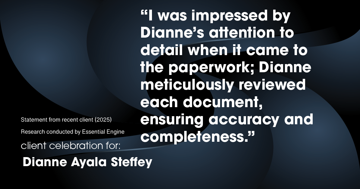 Testimonial for mortgage professional Dianne Ayala Steffey with New American Funding, LLC in San Antonio, Texas: "I was impressed by Dianne's attention to detail when it came to the paperwork; Dianne meticulously reviewed each document, ensuring accuracy and completeness."