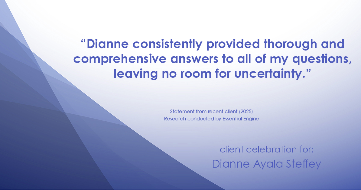 Testimonial for mortgage professional Dianne Ayala Steffey with New American Funding, LLC in San Antonio, Texas: "Dianne consistently provided thorough and comprehensive answers to all of my questions, leaving no room for uncertainty."