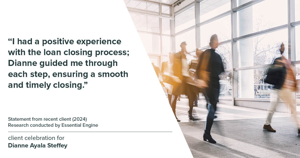 Testimonial for mortgage professional Dianne Ayala Steffey with New American Funding, LLC in Dallas, Texas: "I had a positive experience with the loan closing process; Dianne guided me through each step, ensuring a smooth and timely closing."