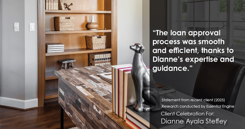Testimonial for mortgage professional Dianne Ayala Steffey with New American Funding, LLC in San Antonio, Texas: "The loan approval process was smooth and efficient, thanks to Dianne's expertise and guidance."