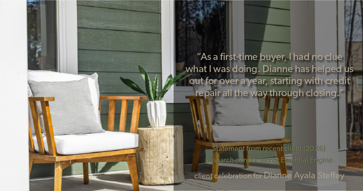 Testimonial for mortgage professional Dianne Ayala Steffey with Sterling Mortgage Services LLC powered by Aspire Mortgage Advisors, LLC in Plano, Texas: “As a first-time buyer, I had no clue what I was doing. Dianne has helped us out for over a year, starting with credit repair all the way through closing.”