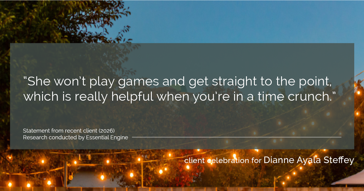 Testimonial for mortgage professional Dianne Ayala Steffey with Sterling Mortgage Services LLC powered by Aspire Mortgage Advisors, LLC in Plano, Texas: “She won’t play games and get straight to the point, which is really helpful when you’re in a time crunch.”