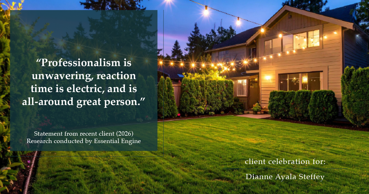 Testimonial for mortgage professional Dianne Ayala Steffey with Sterling Mortgage Services LLC powered by Aspire Mortgage Advisors, LLC in Plano, Texas: “Professionalism is unwavering, reaction time is electric, and is all-around great person.”