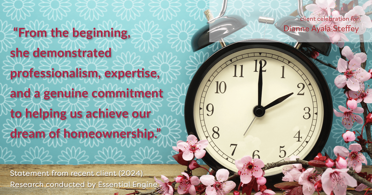 Testimonial for mortgage professional Dianne Ayala Steffey with New American Funding, LLC in Dallas, Texas: "From the beginning, she demonstrated professionalism, expertise, and a genuine commitment to helping us achieve our dream of homeownership."