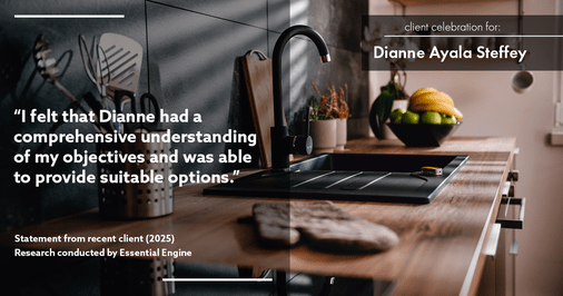 Testimonial for mortgage professional Dianne Ayala Steffey with New American Funding, LLC in San Antonio, Texas: "I felt that Dianne had a comprehensive understanding of my objectives and was able to provide suitable options."