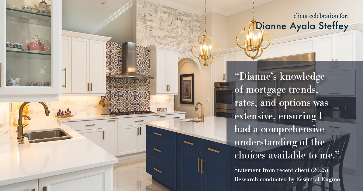 Testimonial for mortgage professional Dianne Ayala Steffey with New American Funding, LLC in San Antonio, Texas: "Dianne's knowledge of mortgage trends, rates, and options was extensive, ensuring I had a comprehensive understanding of the choices available to me."