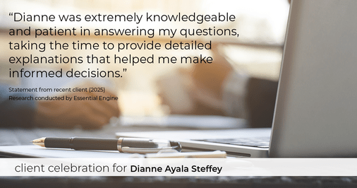 Testimonial for mortgage professional Dianne Ayala Steffey with New American Funding, LLC in San Antonio, Texas: "Dianne was extremely knowledgeable and patient in answering my questions, taking the time to provide detailed explanations that helped me make informed decisions."